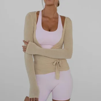 Women’s Yoga Wrap Ruched Tie-Front Long Sleeve Slim Fit Crop Top 1