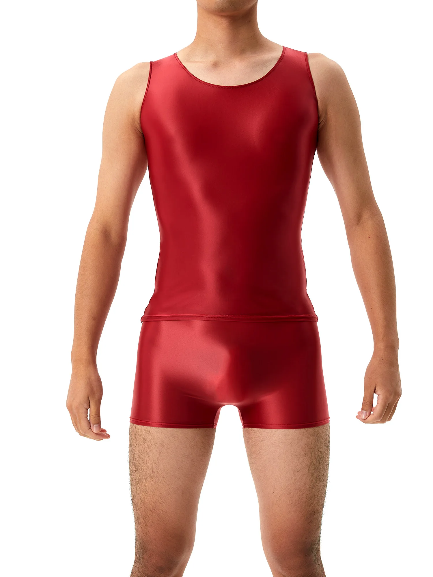 

Mens Glossy Set Sleeveless Round Neck Tank Top with Elastic Waistband Shorts for Yoga Sports Swim Training