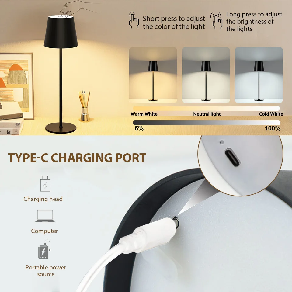 Wireless Table Lamp Touch Sensor LED Rechargeable Desktop Night Light Reading Lamp For Hotel Bar Restaurant Bedroom Decor Light