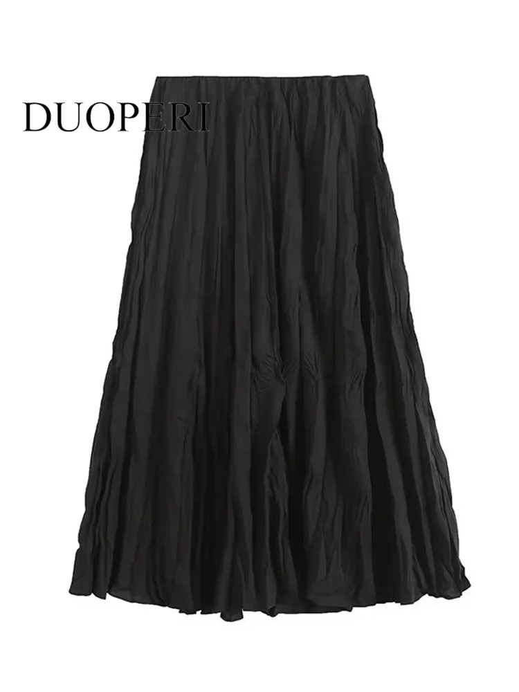 

DUOPERI Women Fashion Black Pleated Side Zipper A-Line Midi Skirt Vintage High Waist Female Chic Lady Skirts