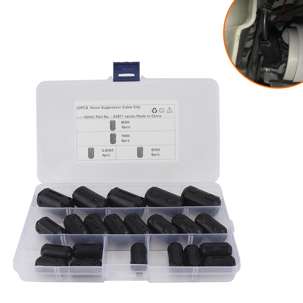 22Pcs Clip On Ferrite 3.5mm/5mm/7mm/9mm Bead Noise Suppressor Anti-Jamming Toroidal Clip-on Clamp RFI EMI Noise Magnetic Filter