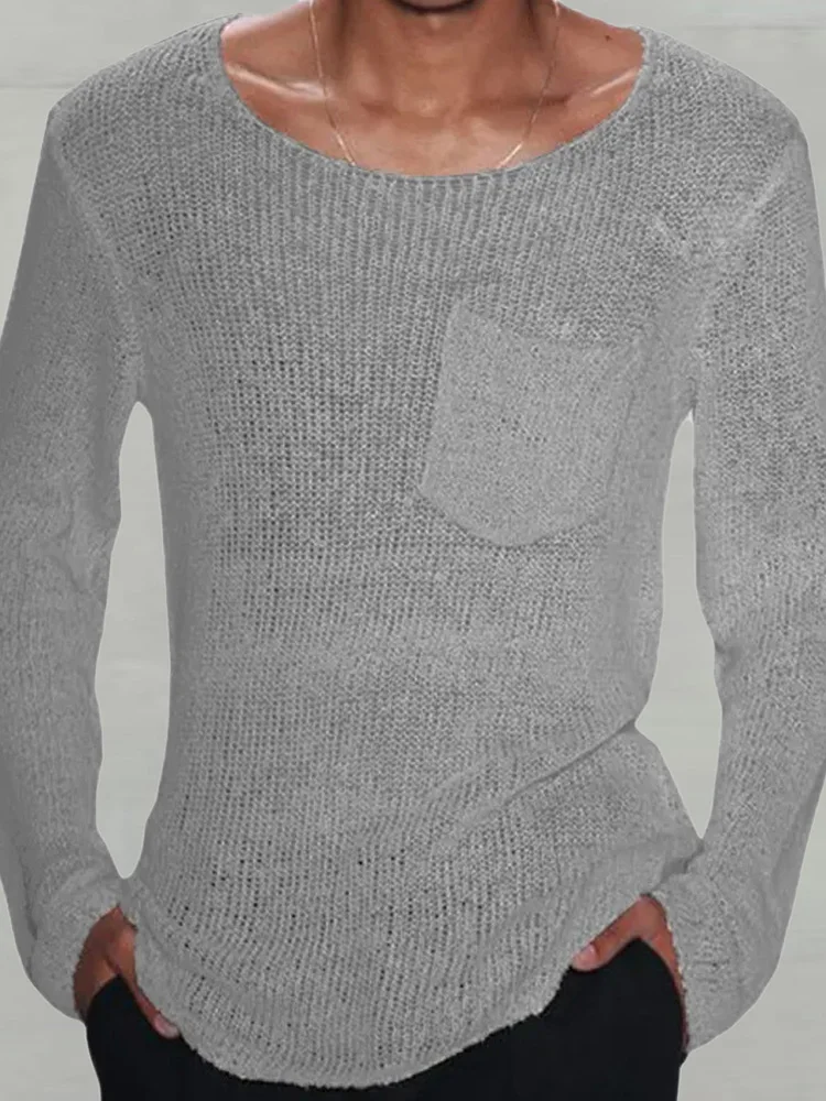 

New Men Sweaters Loungewear Long Sleeve Spring Summer Thin Pocket Pullovers O-Neck Simple Solid Male Top Streetwear Dropshipping