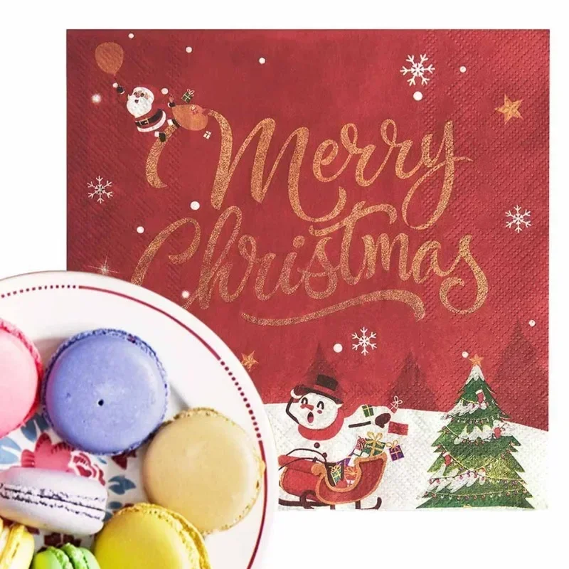 Christmas Party Decoration Paper Gold Merry Christmas Red Napkin Cartoon Elements Wine Glasses Flower Plate Napkin