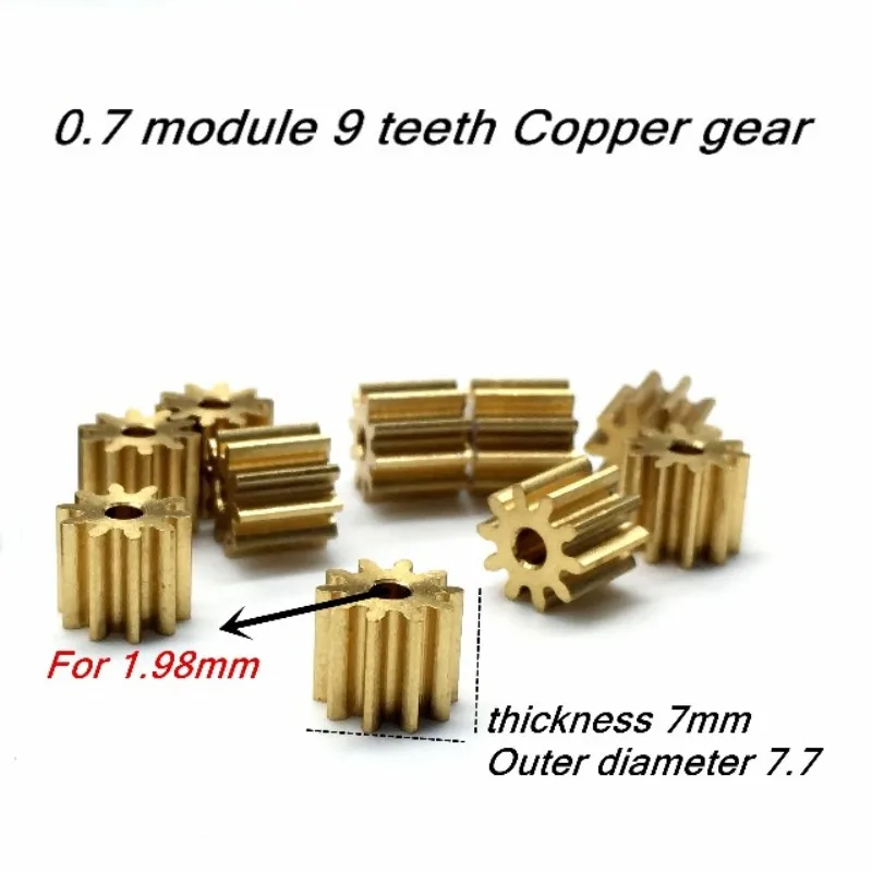 5PCS 0.7M 9T Copper Gear,0.7 Module 9 Teeth Straight Gear For 1.98mm,Thickness 7mm,Outer Diameter 7.7