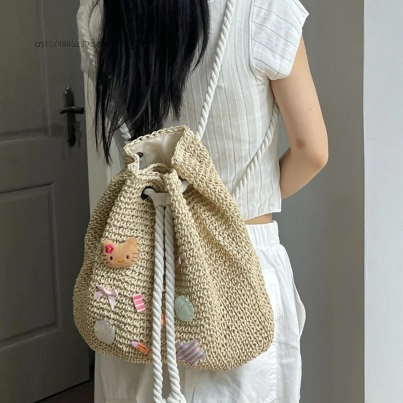 Sanrio Hello Kitty Star Women Braid Drawstring Bag Y2k Pure Handmade Bohemian Style Backpack Y2k Cute Sweet Girl Shoulder Bag