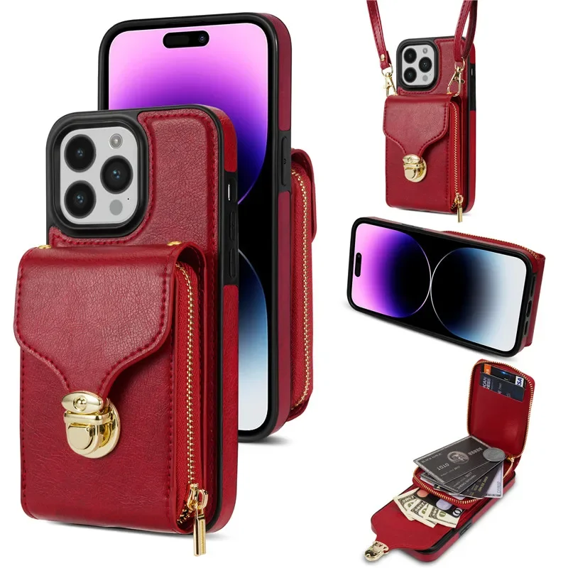 Leather Crossbody Lanyard Wallet Phone Case with Zipper and Flip Stand Cover