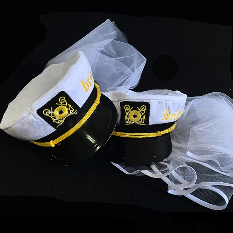 Sailor Captain Hat Veil Nautical Bachelorette Party Bridal Sailor Cap with Veil Embroidery Beach Ocean Boat Bride Gift sailor hat