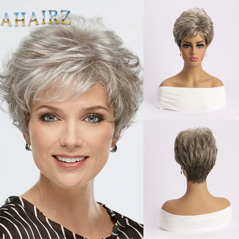 Short Ombre Light Gold Mixed Brown Synthetic Wigs With Bangs For Woman Pixie Cut Fake Hair Cosplay High-Temperature Fake Hair