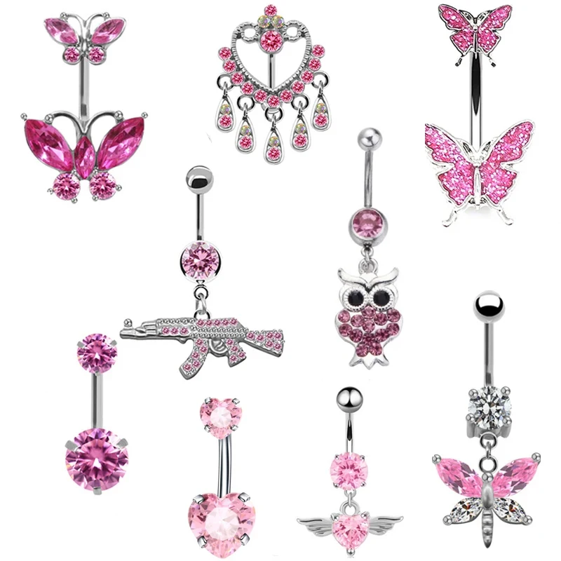 Romantic Pink Belly Piercing Buckle Umbilical Nail Cat Head Dragonfly Pistol Butterfly Belly Button Rings Piercing Jewelry