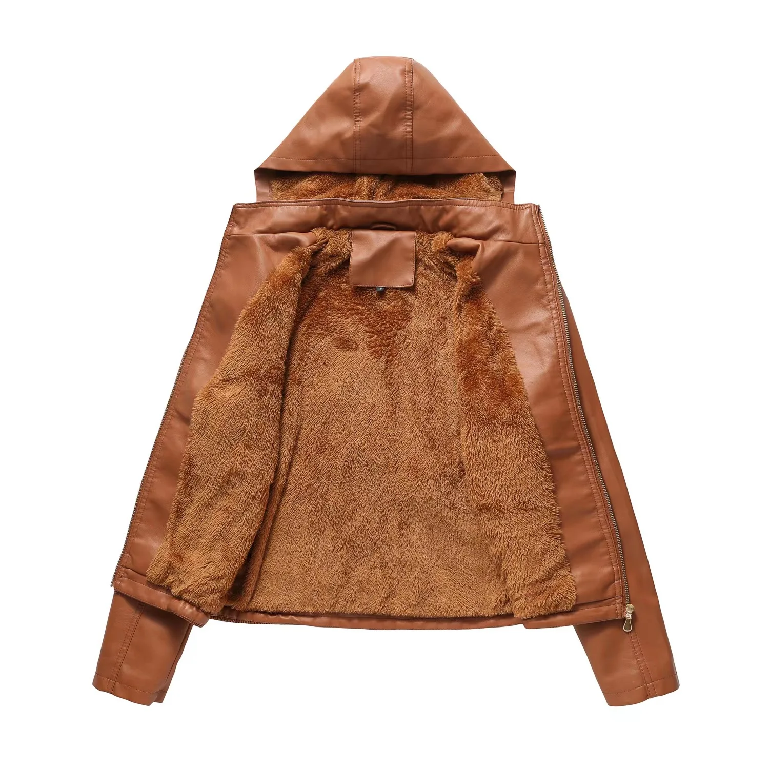 2022 autumn and winter hooded PU leather women's detachable hat zipper long sleeve plus fleece leather jacket slim coat