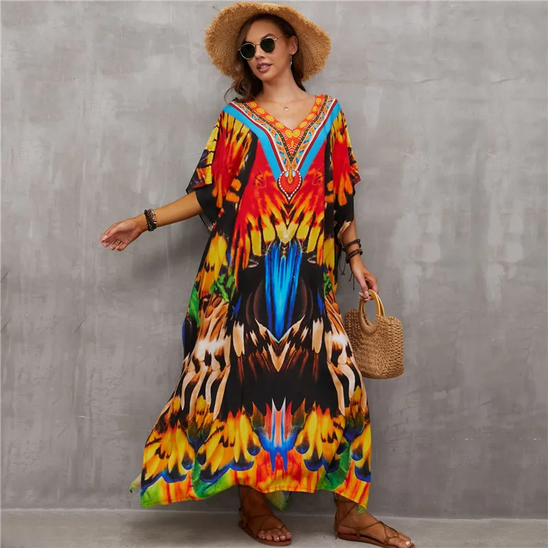 Boho Printed Long Kaftan PlusSize Women Summer Clothes Sexy Short Sleeve Maxi Dress Beach Wear Swim Suit Bikini Cover Up
