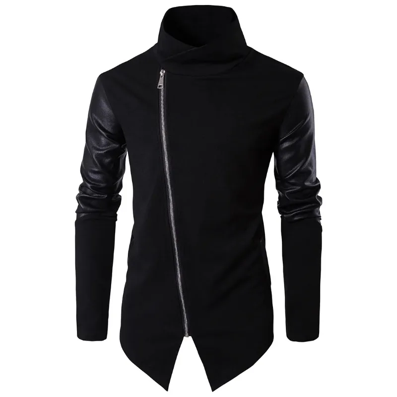 Fashion Leather Patchwork Turtleneck Jackets Overcoat Men Spring Autumn Punk Motor Coat Men Slim Plus EUR Size casual men jacket