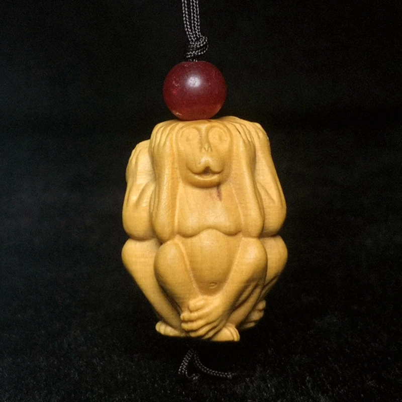 

Japanese boxwood Carved Lovely Monkey Statue Cellphone knapsack netsuke pendant