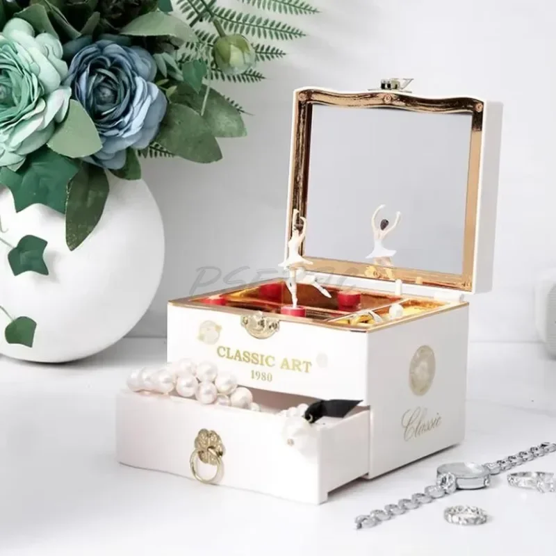 Classic Rotating Music Box Creative Dancing Girl Clockwork Jewelry Storage Box with Mirror Ornaments Birthday Christmas Gifts