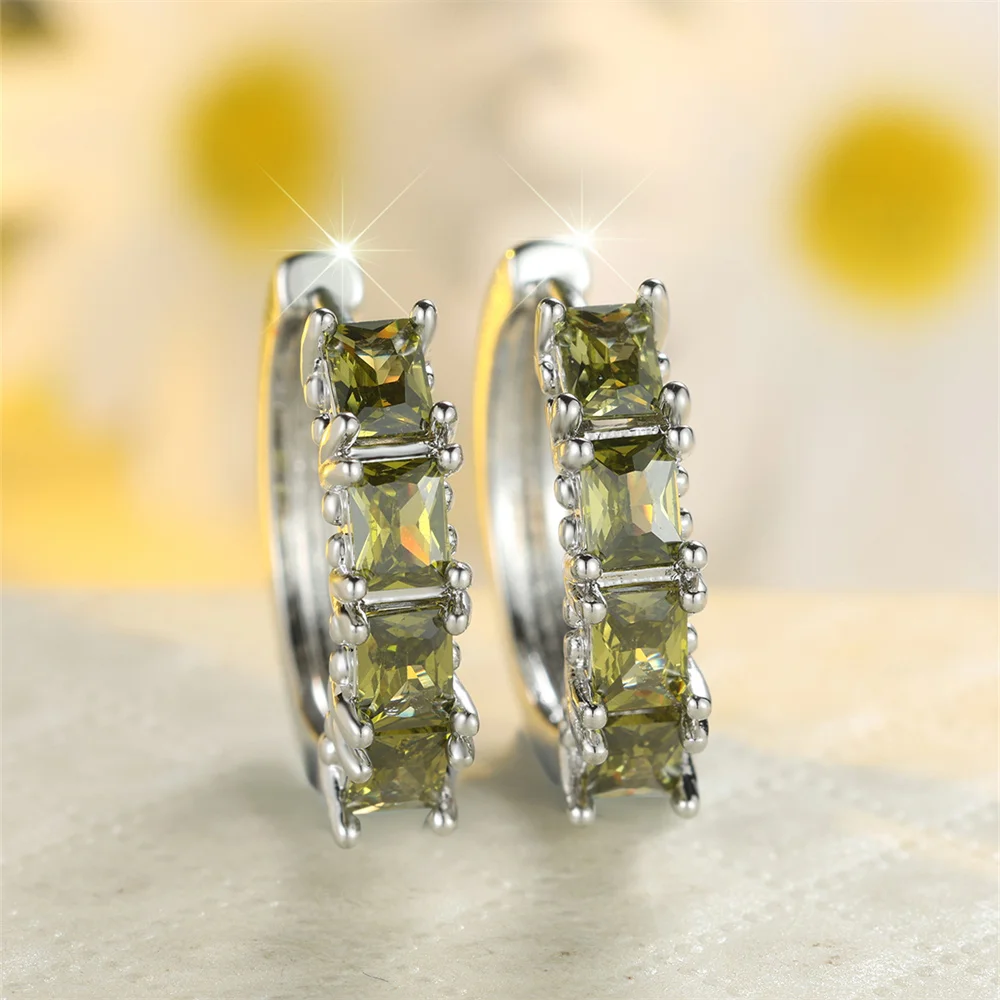 Olive Green Crystal Zircon Square Stone Hoop Earrings For Women Vintage Silver Color Birthstone Ear Buckle Wedding Jewelry Gifts