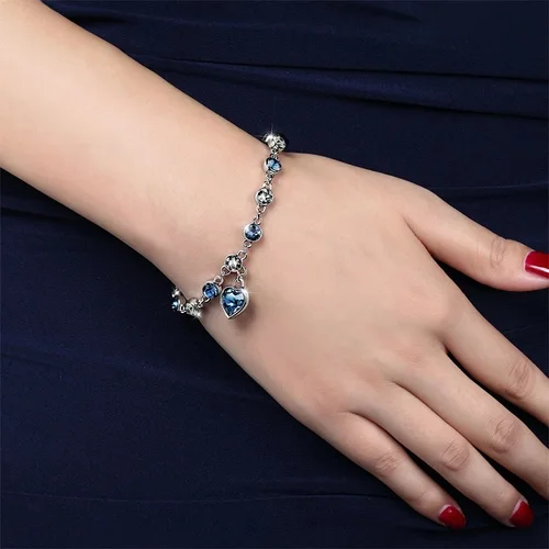 여성용 하트 오브 오션 펜던트 팔찌, 빛나는 블루 크리스탈 러브 팔찌, 발렌타인 데이 쥬얼리 도매, 패션 2