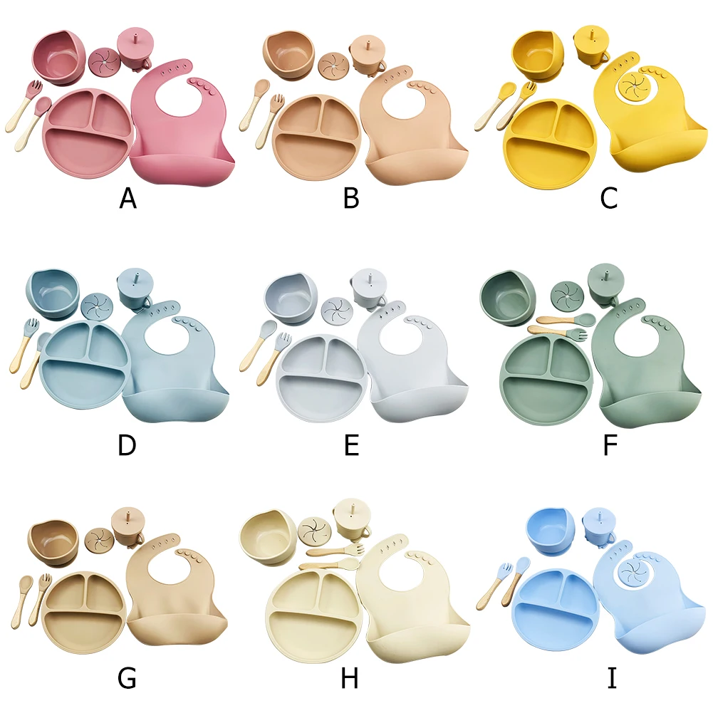 8Pcs Baby Silicone Plate Cup Spoon Set Baby Feeding Sucker Bowl Bib Fork Dishes BPA Free Food Grade Silicone Baby Tableware Set