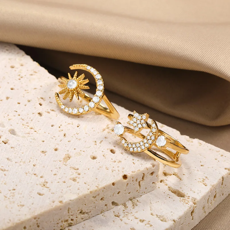 Dainty Crystal Moon and Star Rings For Women