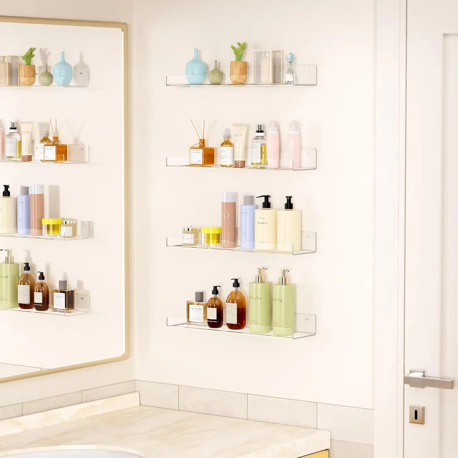 2pc Clear Acrylic Storage Rack Wall Mounted Book Floating Shelf Makeup Display Stand Holder Bathroom Kitchen Organizer 3
