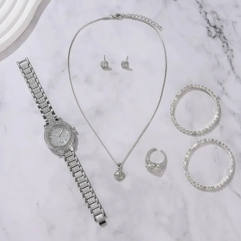 6PCS Women Watch Elegant Alloy Crystal Wristwatch