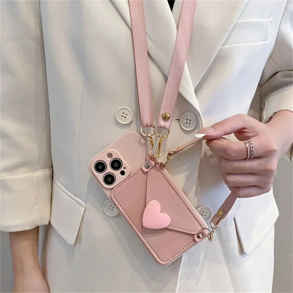 Love-Shaped Cross-Body Strap with Card Holder - Impact-Resistant Phone Case