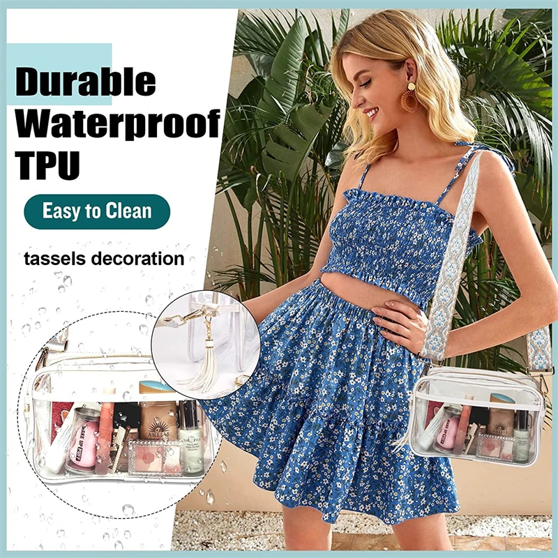 Transparent Crossbody Bags Clear PVC Sling Shoulder Bag Candy Color Woven Print Wide Strap Lady Phone Purse Travel Daily Wear