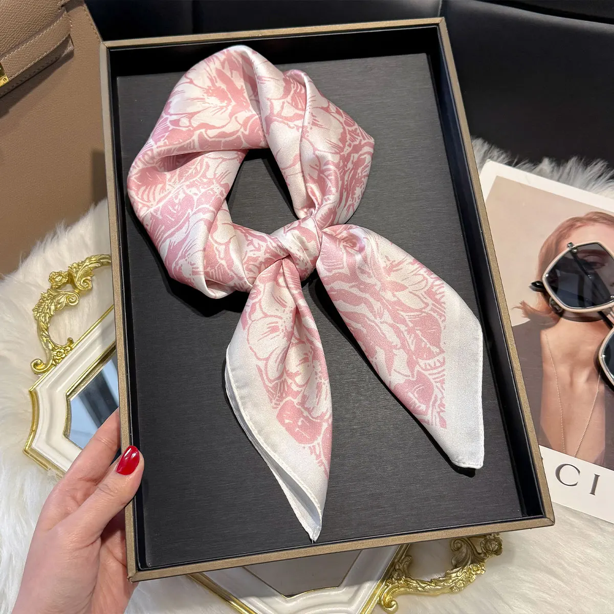 New Luxury Fashion Print 70*70cm Silk Square Scarf Women Soft Satin Hairband Neckerchief Tie Female Headband Foulard Bag Ribbon