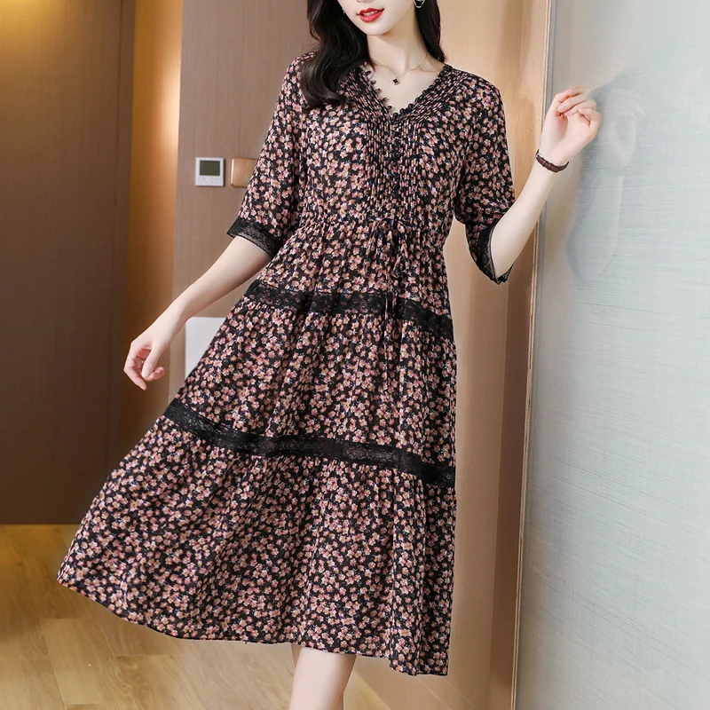 

2024 New Floral Muberry Silk Midi Dress Women Korean Vintage Casual Beach Dresses Summer Boho Short Sleeve Elegant Bodycon Dress