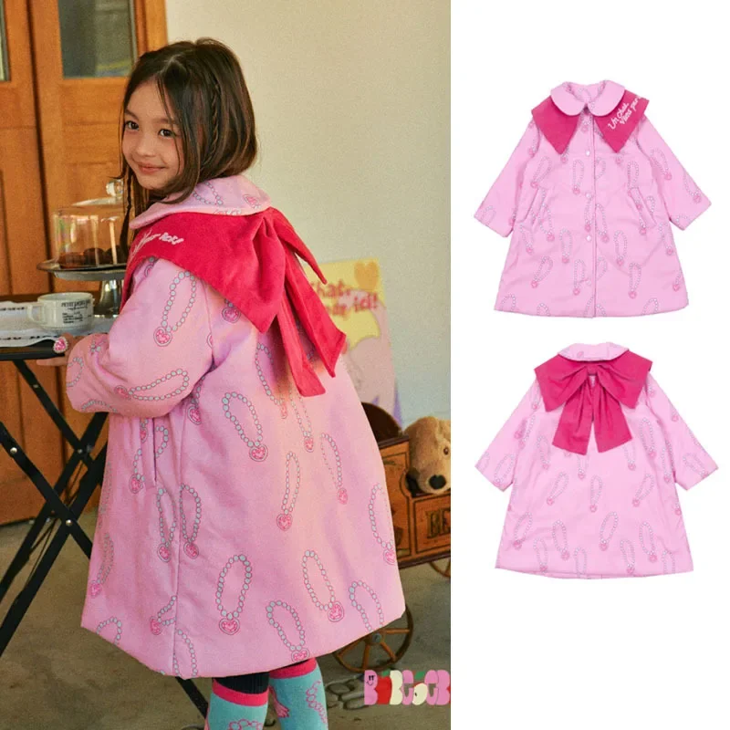 

BE 2023 Winter New Kids Girls Pink Bow Mid Length Coat Korean Cute Sweet Cotton Long Coat Toddler Outerwear