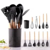 12Pcs/Set Silicone Kitchen Utensils With Storage Wooden Handle Bucket High Temperature Resistant And Non Stick Pot Spatula Spoon 4