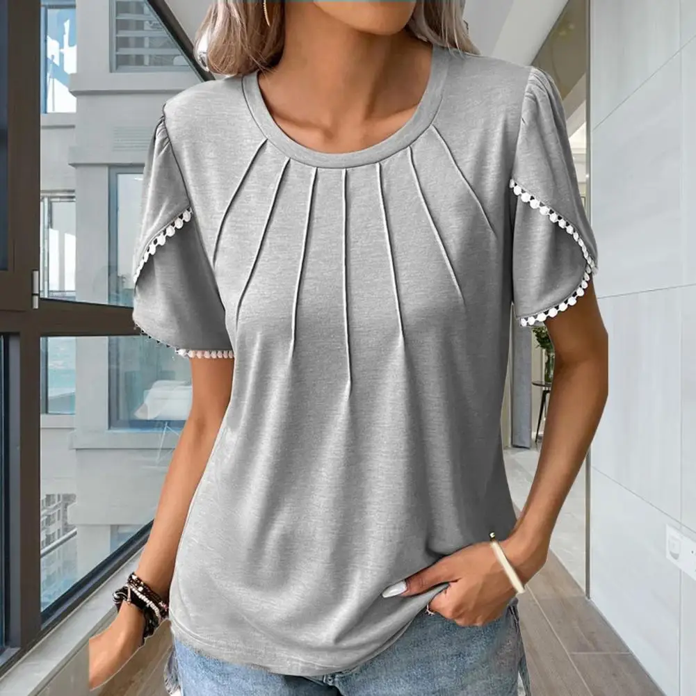 

Women Blouse Lace Stitching Pleated Design Short Sleeve Loose-fitting T-Shirt Top Breathable Pure Color Female Shirt Workwear