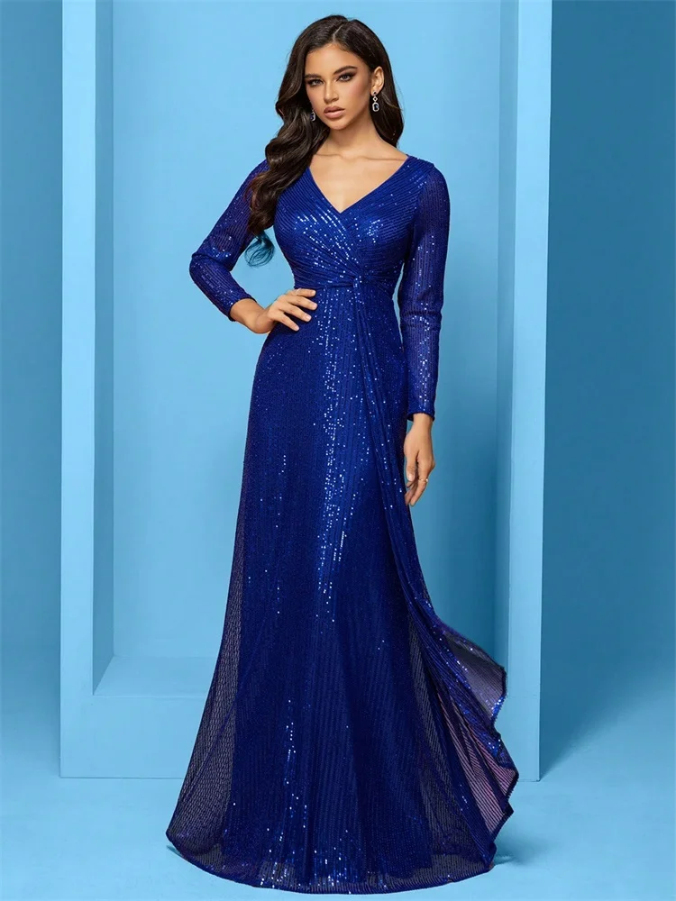 Luxury Blue Evening Dresses Women Elegant 2025 Long Sleeve Mermaid Formal Sequins Prom Wedding Party Cocktail Graduation Gowns 1