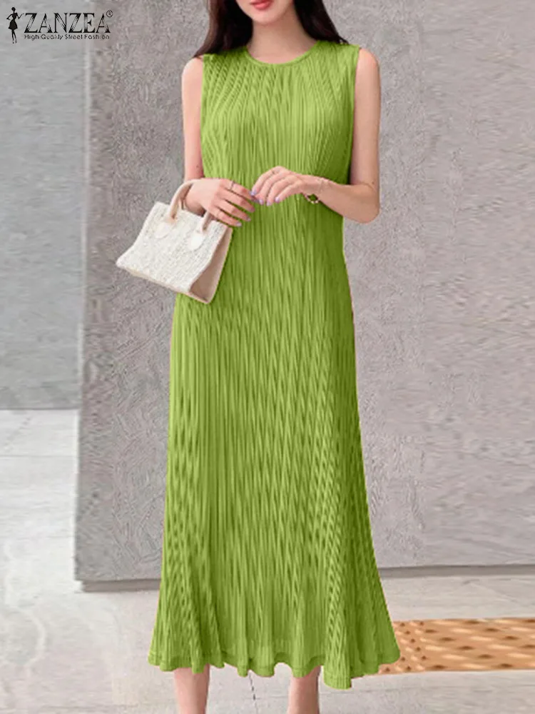 

ZANZEA Casual Loose O-neck Vestidos Women Pleating Maxi Dress Fashion Sleeveless Tank Sundress Holiday Korean Solid Long Robe