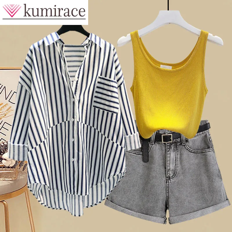 Stripe Patchwork Chiffon Shirt Suspender Vest Denim Shorts Three-piece Elegant Women's Pants Set Summer Tracksuit Outfits