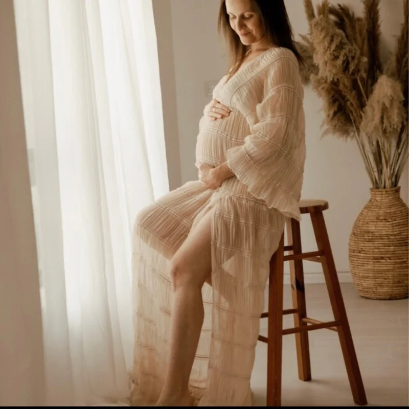 

Плиссированное Платье для беременных с оборками платье для фотосессии в стиле бохо бежевое платье для будущей матери с длинным рукавом Одежда для беременных