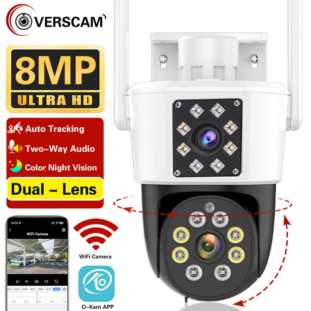 8MP 4K PTZ WiFi IP Surveillance Video Camera Dual Lens Screen Color Night Vision Auto Track CCTV Outdoor Home Camera O-KAM APP