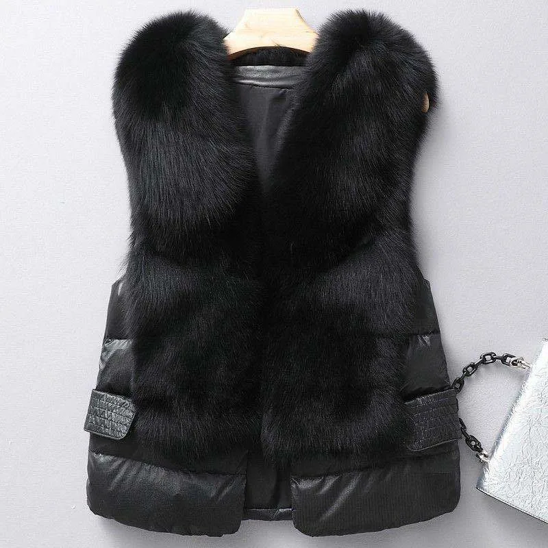 2024 New Women Short Temperamental Slim Fit Faux Fur Vest Female Fashion Patchwork Imitation Fox Fur Waistcoat Casual Down Tops