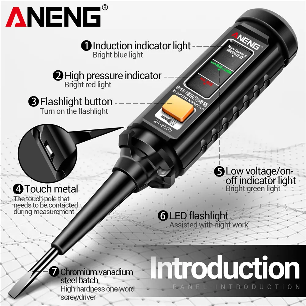 ANENG B15 하이라이트 색깔 지표 빛 스크루드라이버 테스터 펜 24-250V 전압 감지 자기 테스트 기능 전문 전기사 유도 테스터 도구