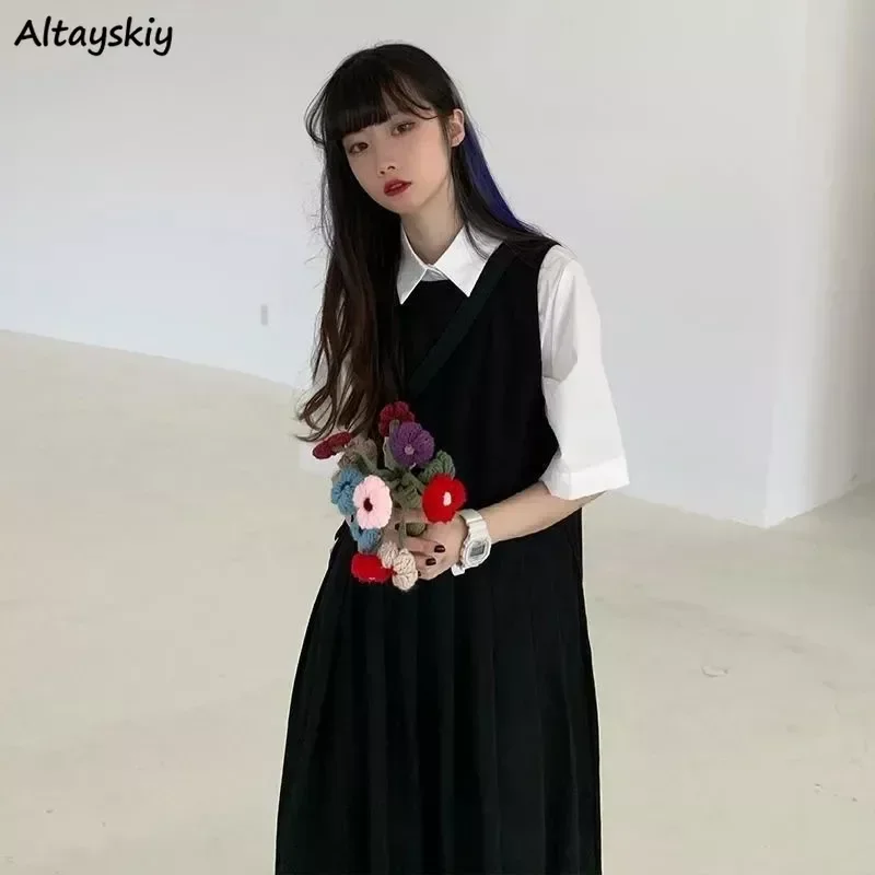 

Черные комплекты, женские платья до середины икры на шнуровке без рукавов, базовые летние рубашки, свободная японская основа, простая Студенческая одежда для девушек