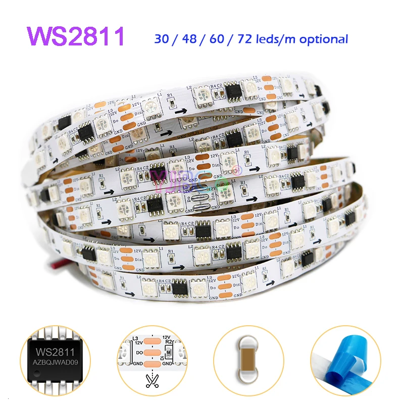 DC 12V 5m WS2811 Magic LED Strip 30/48/60/72 LEDs/m addressable pixel 5050 RGB Smart Lights Tape IP30/65/67 full color LED Bar