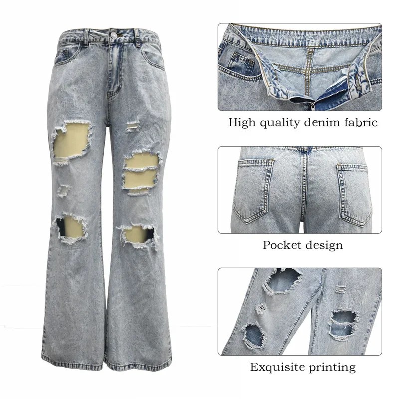 Sexy Women's Denim Pants Ripped Holes High Waist Casual Thin Trousers Boot Cut 2021 New Fashion Loose Female Boyfriend Jeans y2k