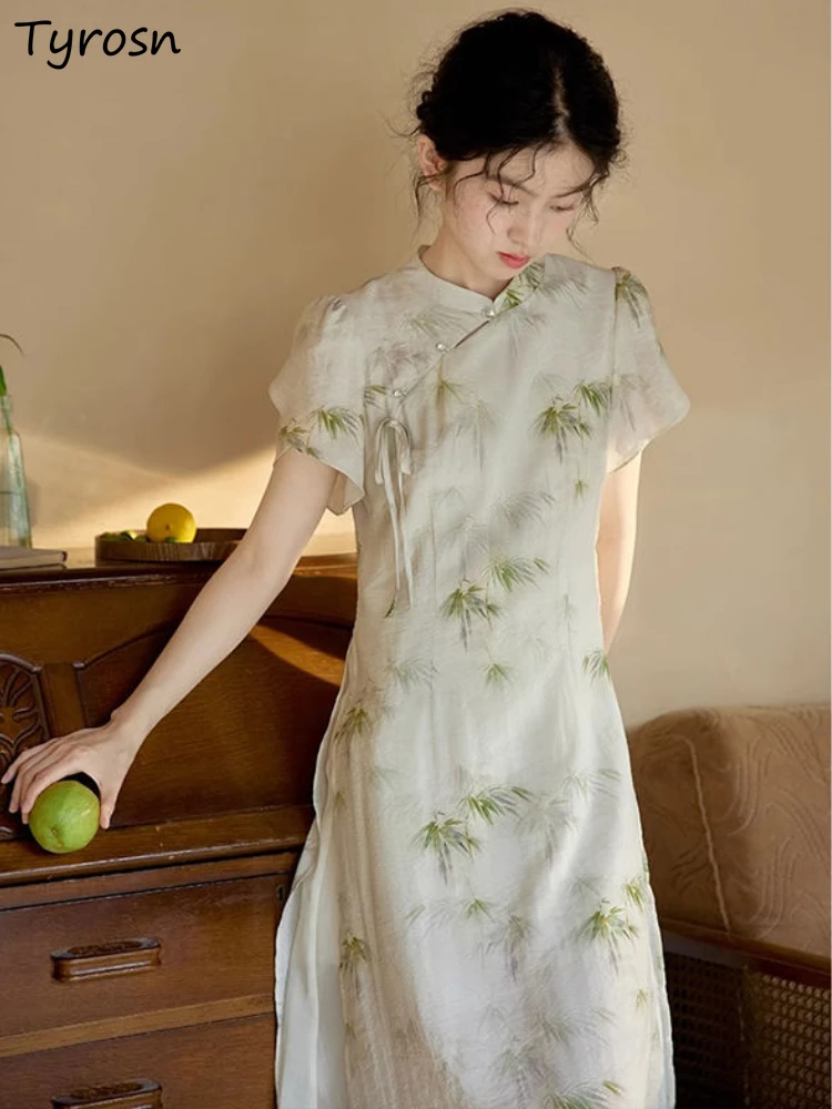 

Midi Dresses Women Chinese Style Summer Retro Daily Elegant Tender Petal Sleeve All-match Temperament Print Ladies Cozy Charming