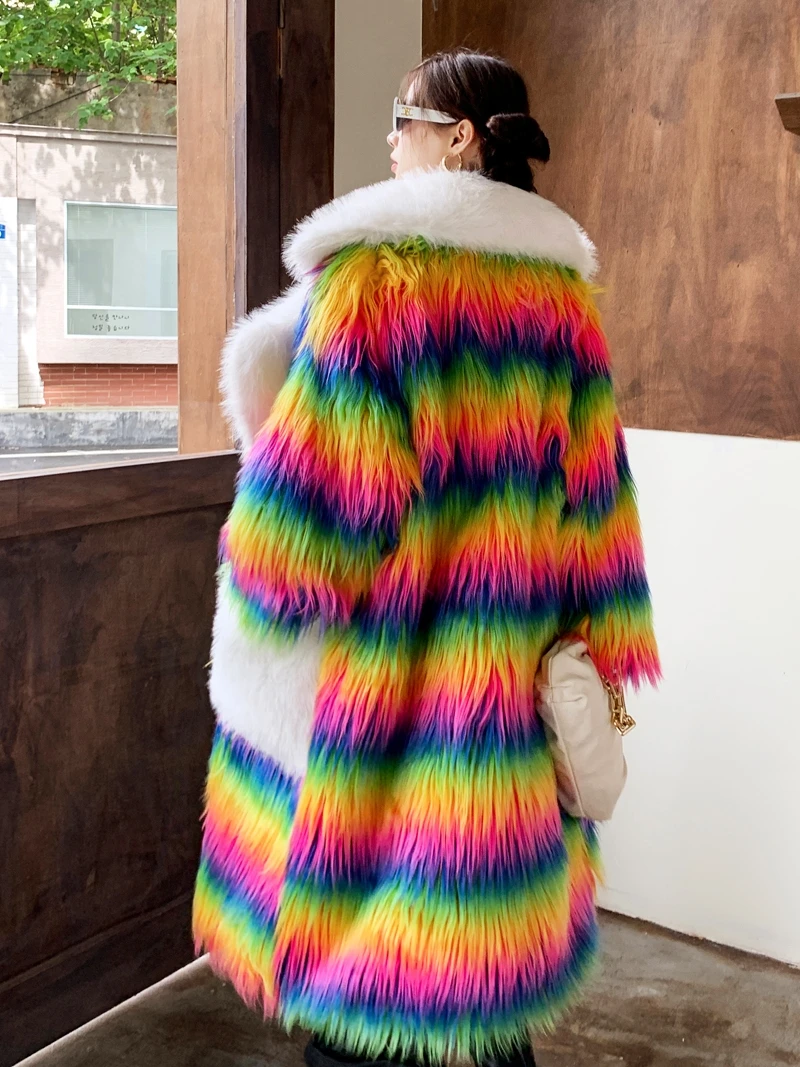 Rainbow Fur Suit Long Loose Lapel Faux Wool Coat Women's Clothing Free Shipping