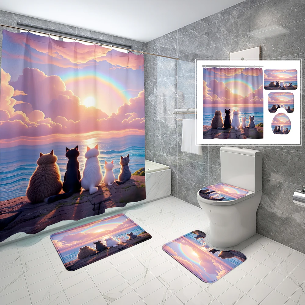 ชุดม่านอาบน้ำลายสุนัขและแมว, พรมปูพื้นกันลื่น, พรมรูปตัวยู, แผ่นรองนั่งชักโครก, ม่านอาบน้ำพร้อมตะขอปรับแต่งได้ 1