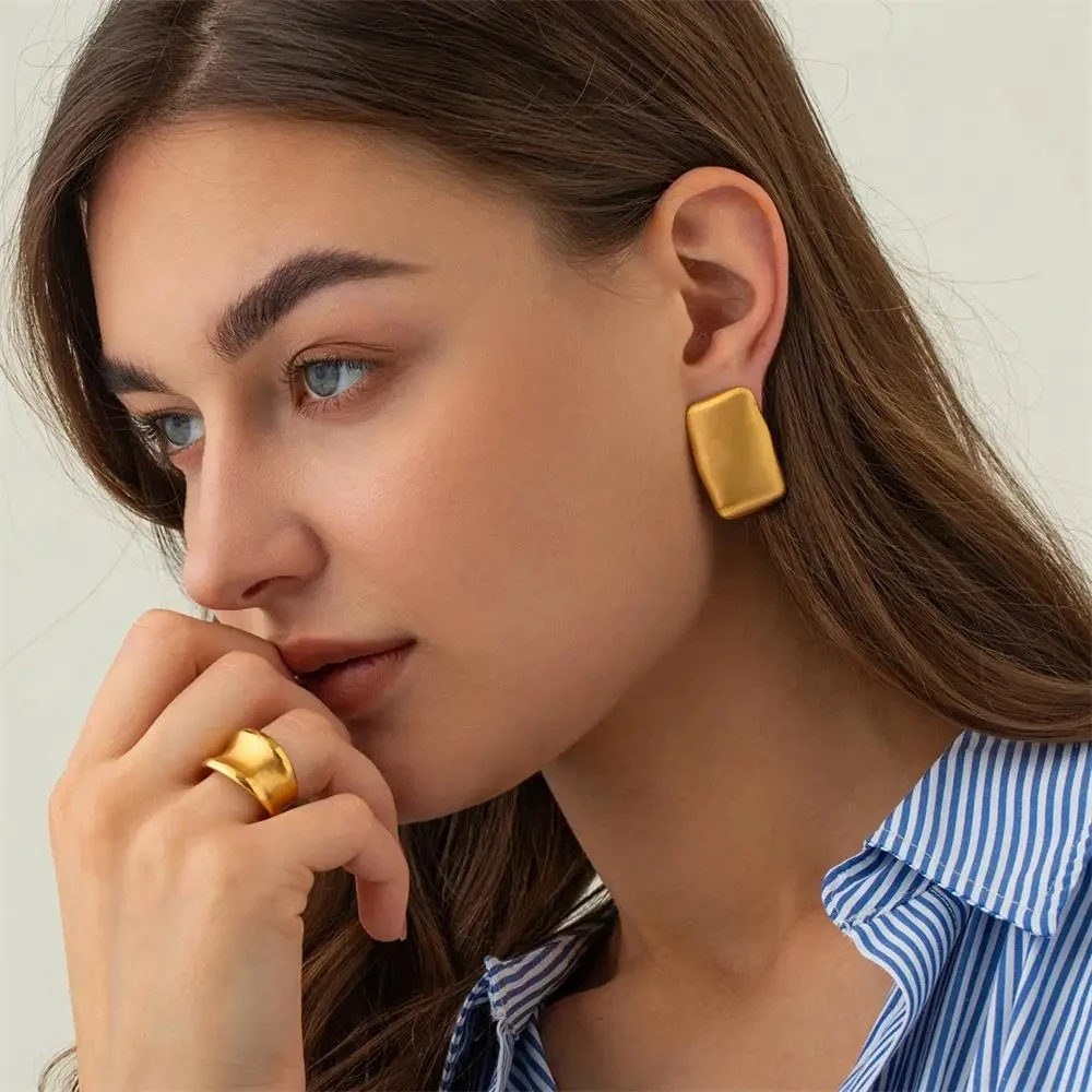 Creative Textured Geometric Square Studs Simple Chunky Color Zircon Heart Star Earrings Waterproof Aesthetic Designer Jewelry