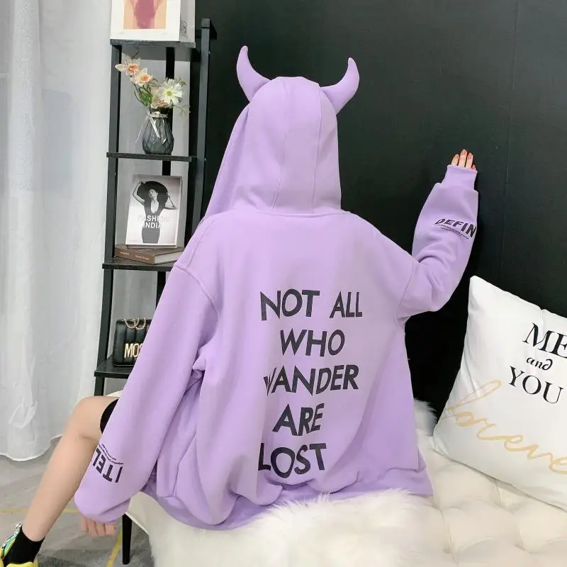 Women 2024 Lazy Style Zipper Harajuku Long Sleeve Coats Hoodies All-match Plus Velvet Letter Jackets Loose Autumn Winter Outwear