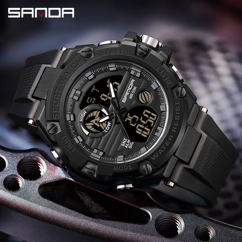

SANDA Men's Watch Dual Time Display Watch Men Waterproof Electronic LED Digital Quartz Wristwatch Chronograph Date Alarm Relógio