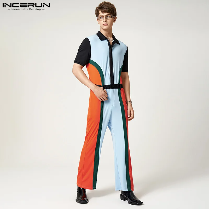 

Fashion Men Jumpsuits Patchwork 2023 Lapel Short Sleeve Button Streetwear Casual Rompers Leisure Men's Overalls S-5XL INCERUN