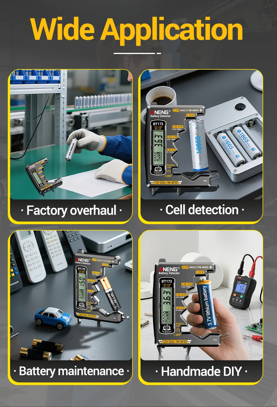 ANENG BT173 Universeller Batterietester für C D AA AAA N 9V Knopfzellen 18650 21700 Lithium-Batterien Keine Stromversorgung Erforderlich Visuelle Digitalanzeige – Detail 4