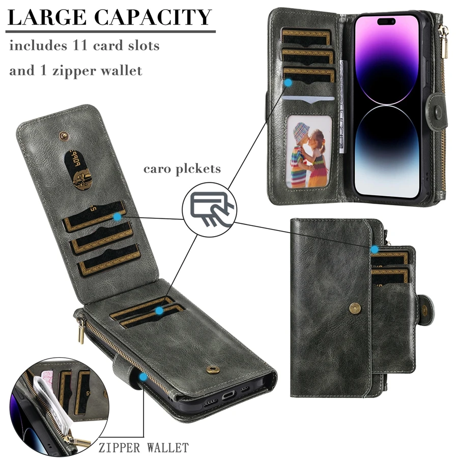 Multifunction Retro Zipper Solid Color Phone Wallet Case For iPhone 14 Pro Max 13 Pro Max 12 Pro Max 11 Pro Max 8 Plus 7 Plus